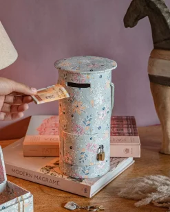 Pearlised Paper Leather Round Piggy Bank - Garden Fog