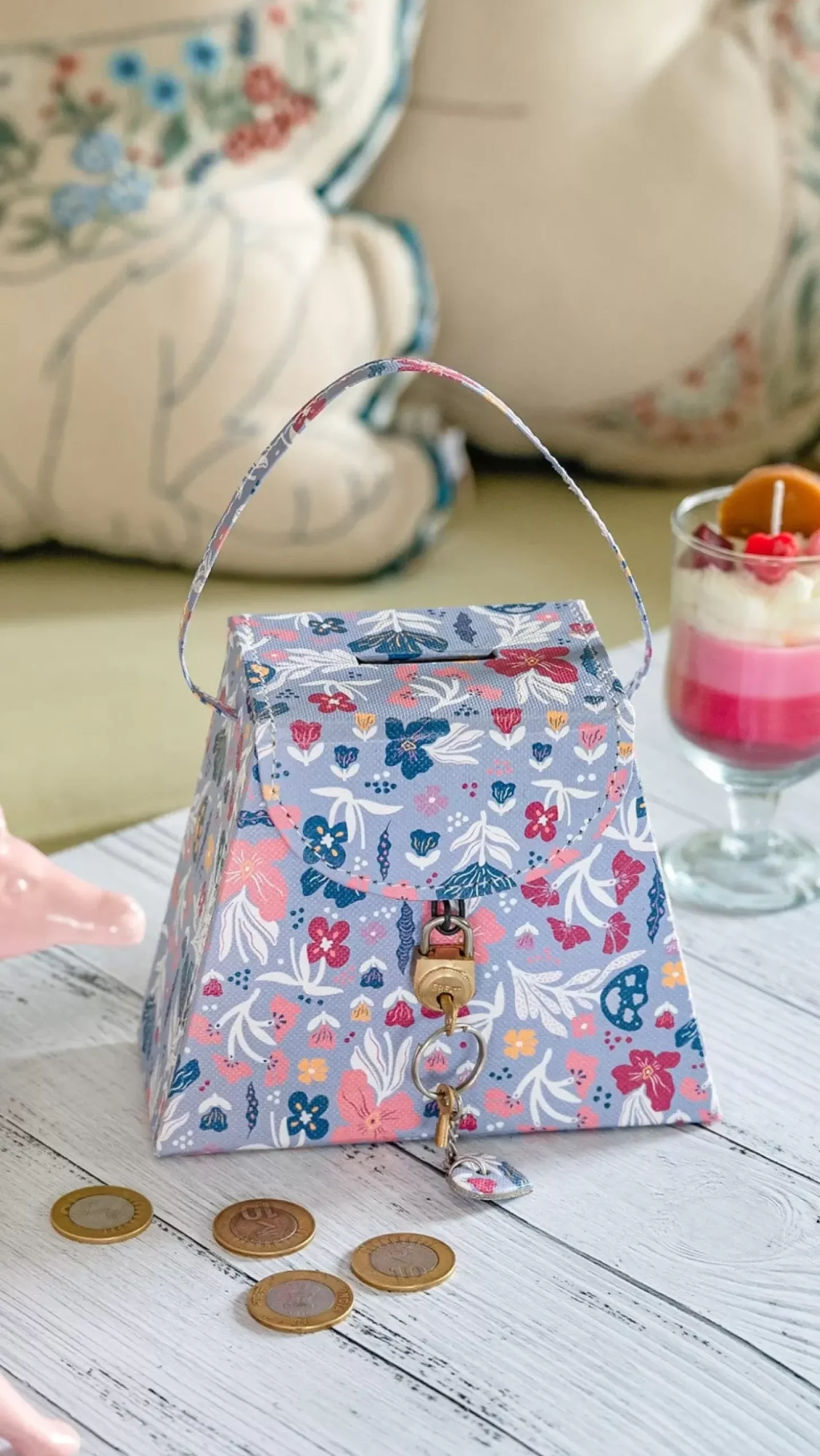 Pearlised Paper Leather Triangle Piggy Bank- Blue Meadow